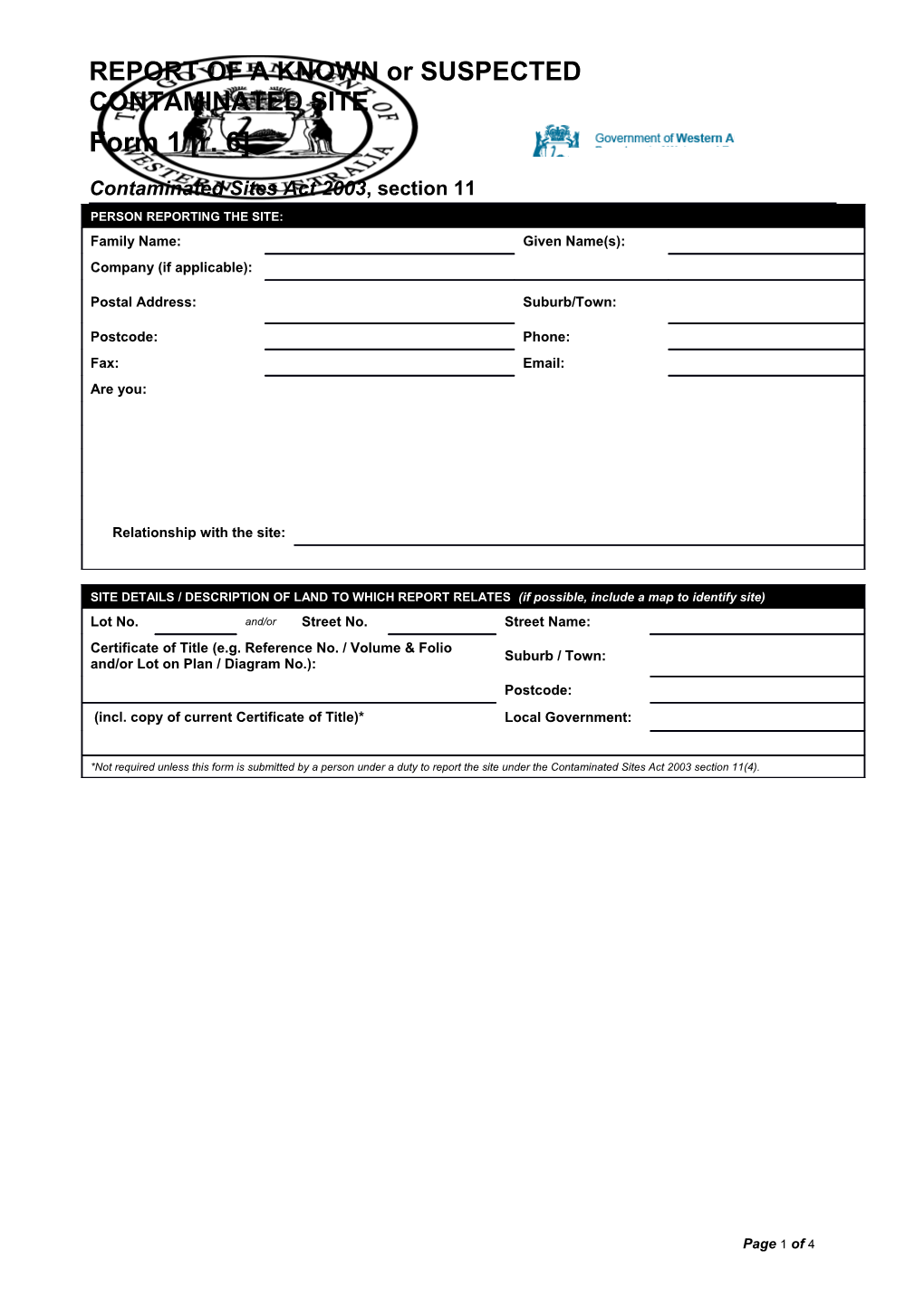 REPORT of a KNOWN Or SUSPECTED CONTAMINATED SITE