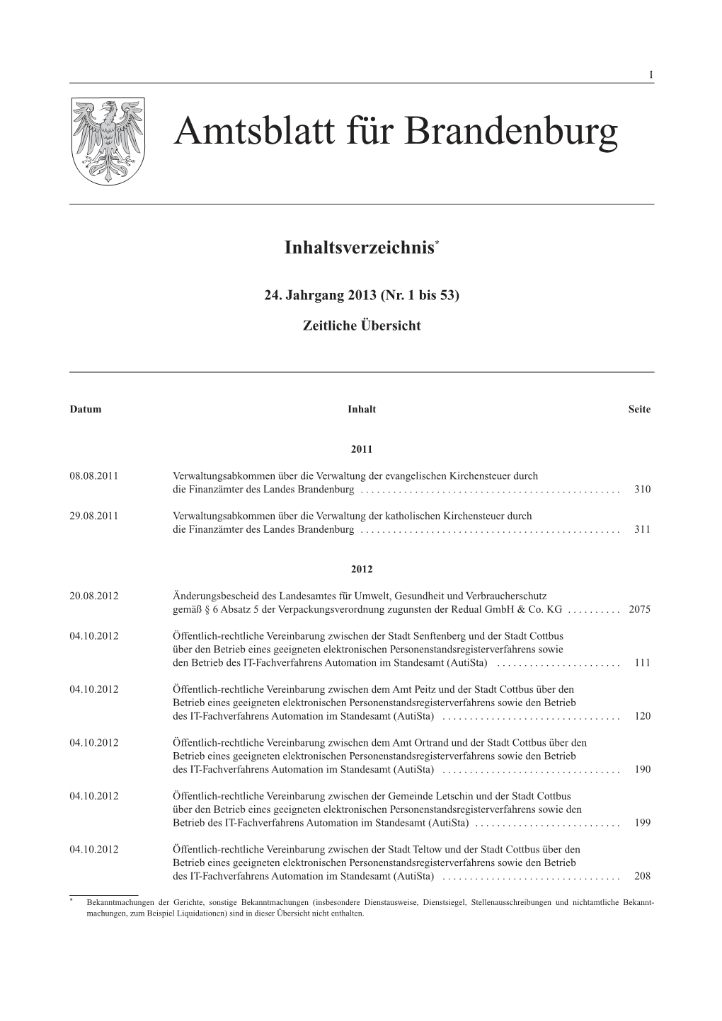 Amtsblatt Für Brandenburg, 2013, Nummer Inhaltsverzeichnis 2013, Seiten