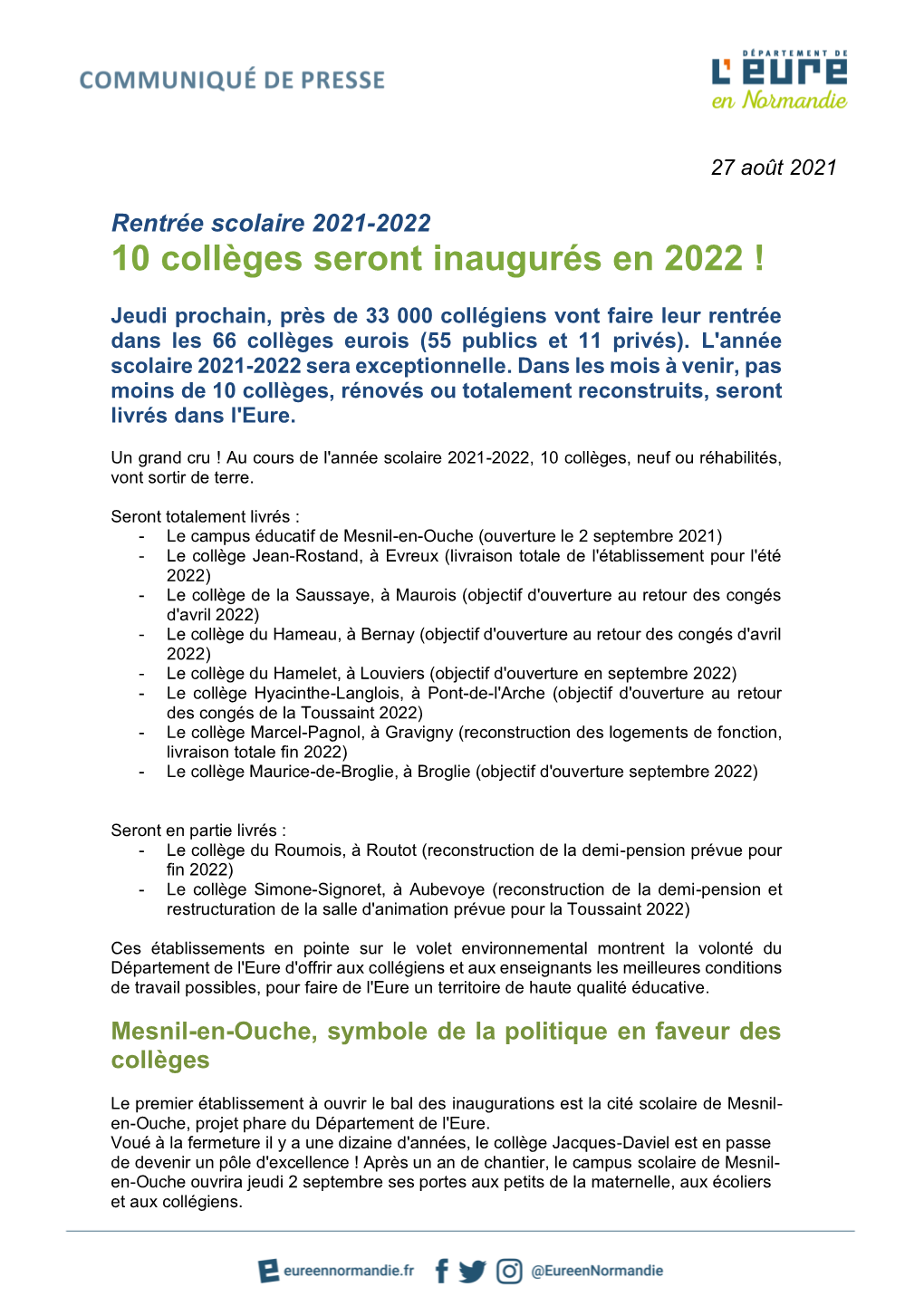 10 Collèges Seront Inaugurés En 2022 !