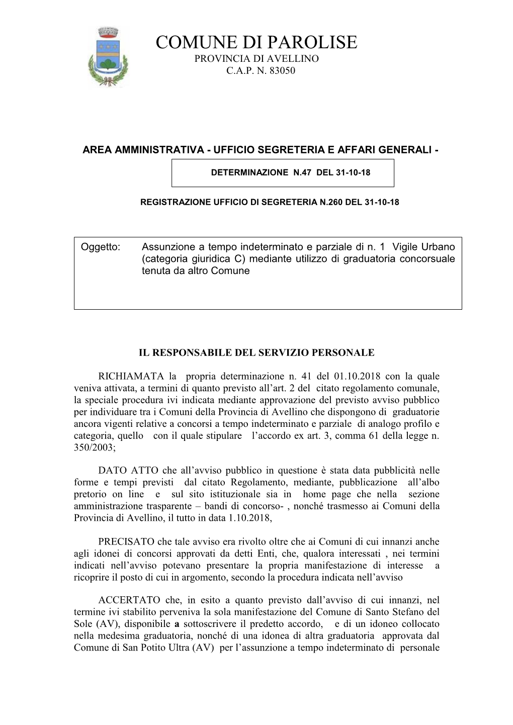 Comune Di Parolise Provincia Di Avellino C.A.P