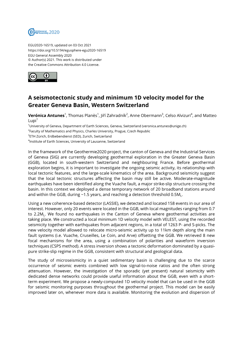 A Seismotectonic Study and Minimum 1D Velocity Model for the Greater Geneva Basin, Western Switzerland