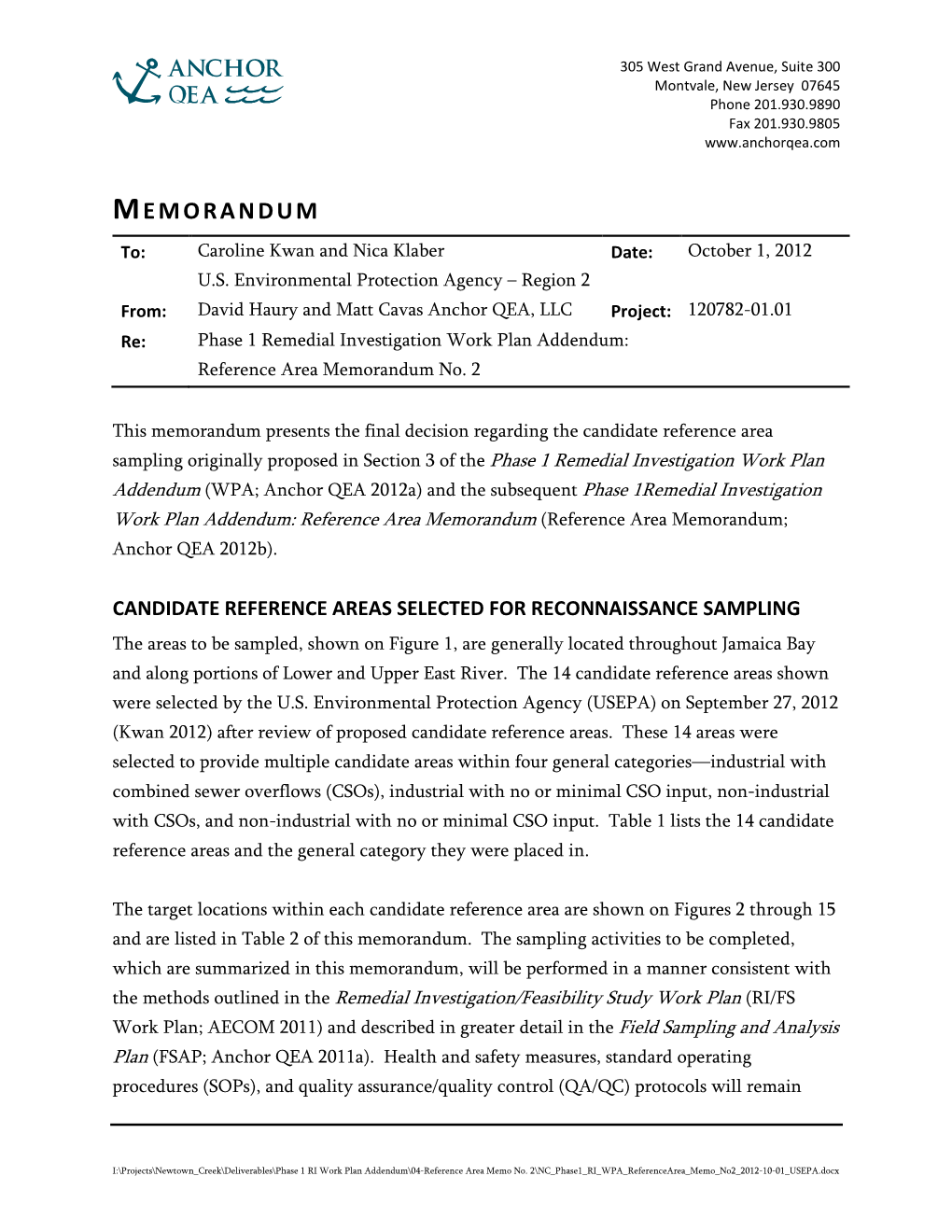 Phase 1 Remedial Investigation Work Plan Addendum: Reference Area Memorandum No