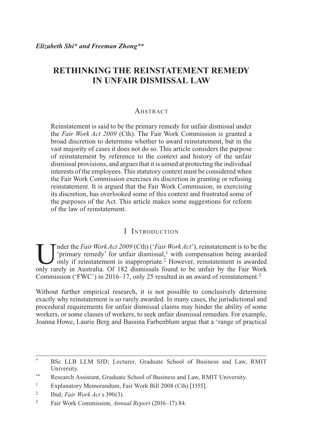 Rethinking the Reinstatement Remedy in Unfair Dismissal Law