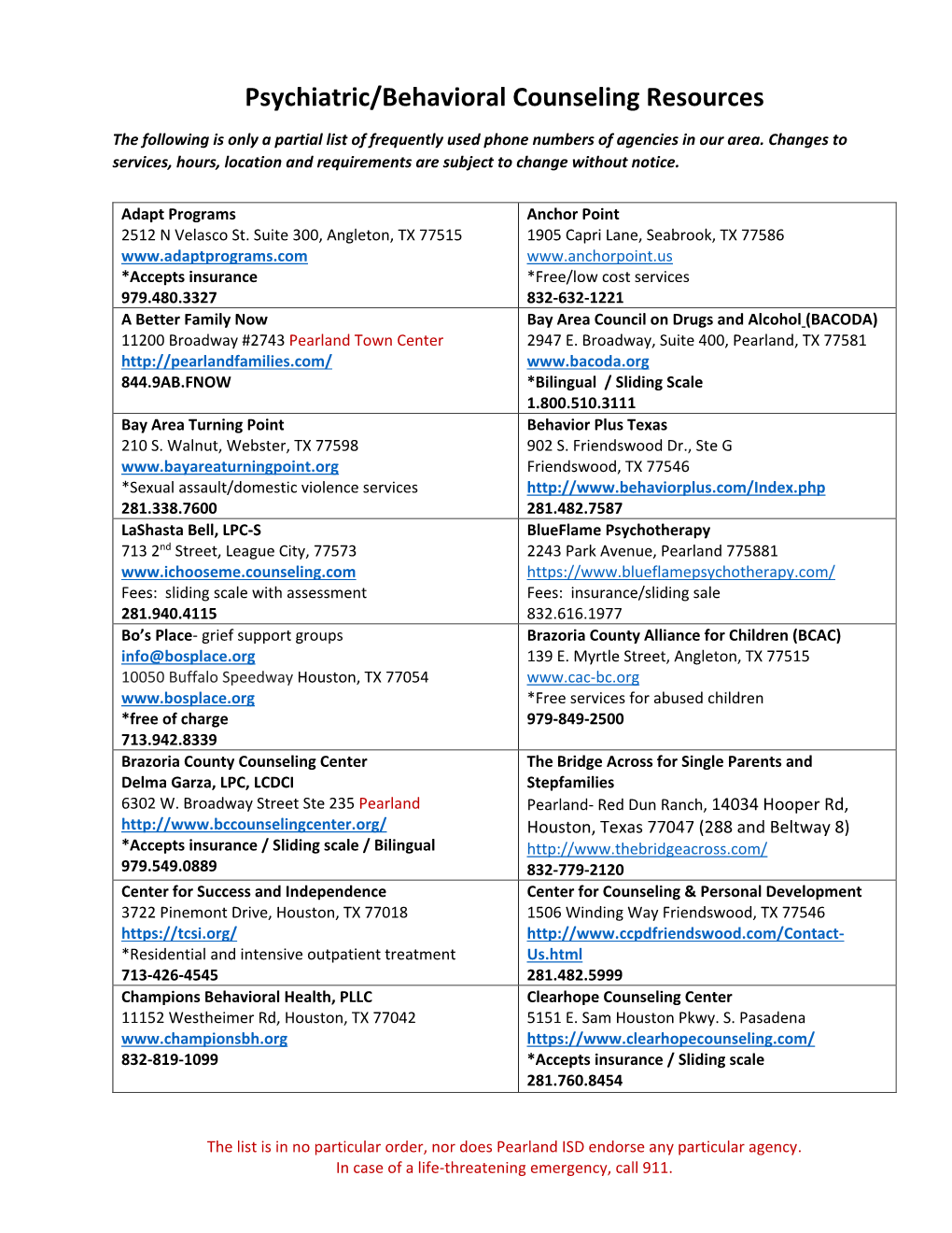 Psychiatric/Behavioral Counseling Resources