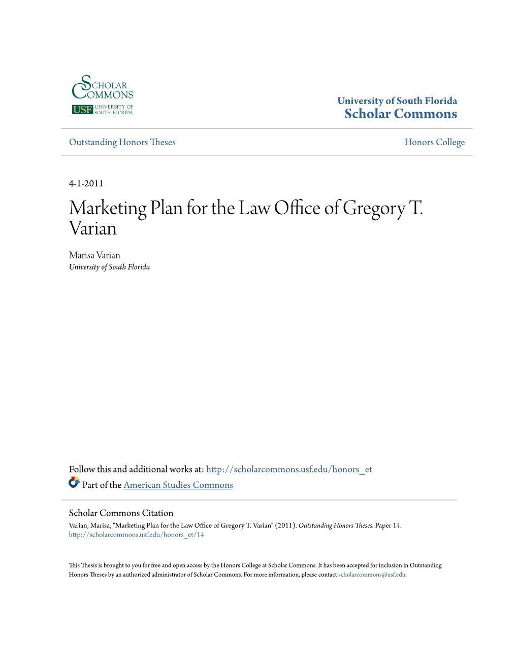 Marketing Plan for the Law Office of Gregory T. Varian