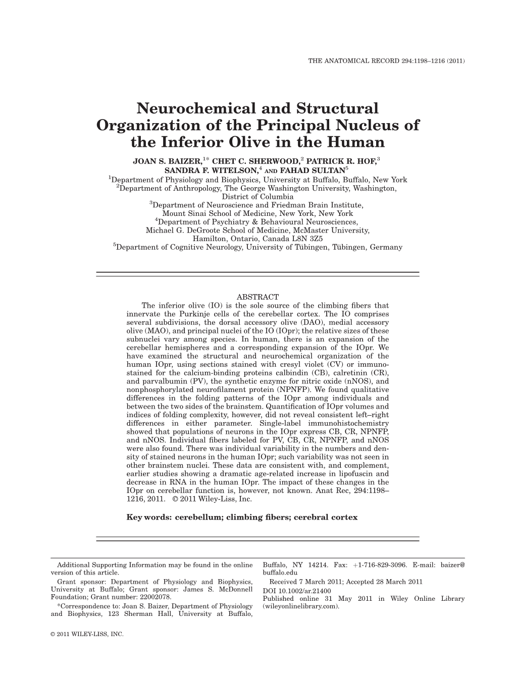 Neurochemical and Structural Organization of the Principal Nucleus of the Inferior Olive in the Human