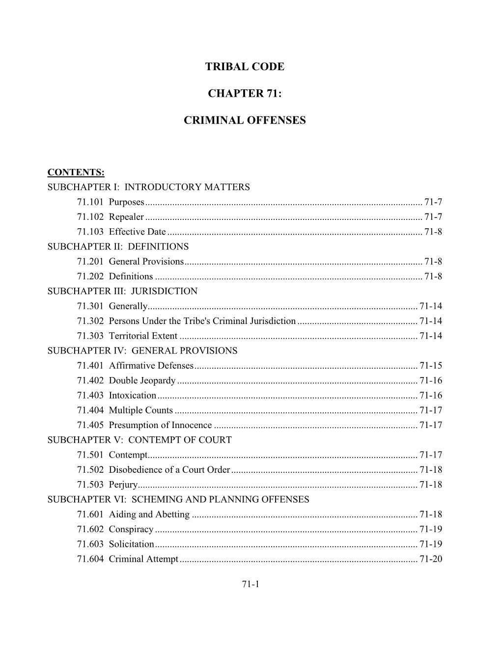 Tribal Code Chapter 71: Criminal Offenses