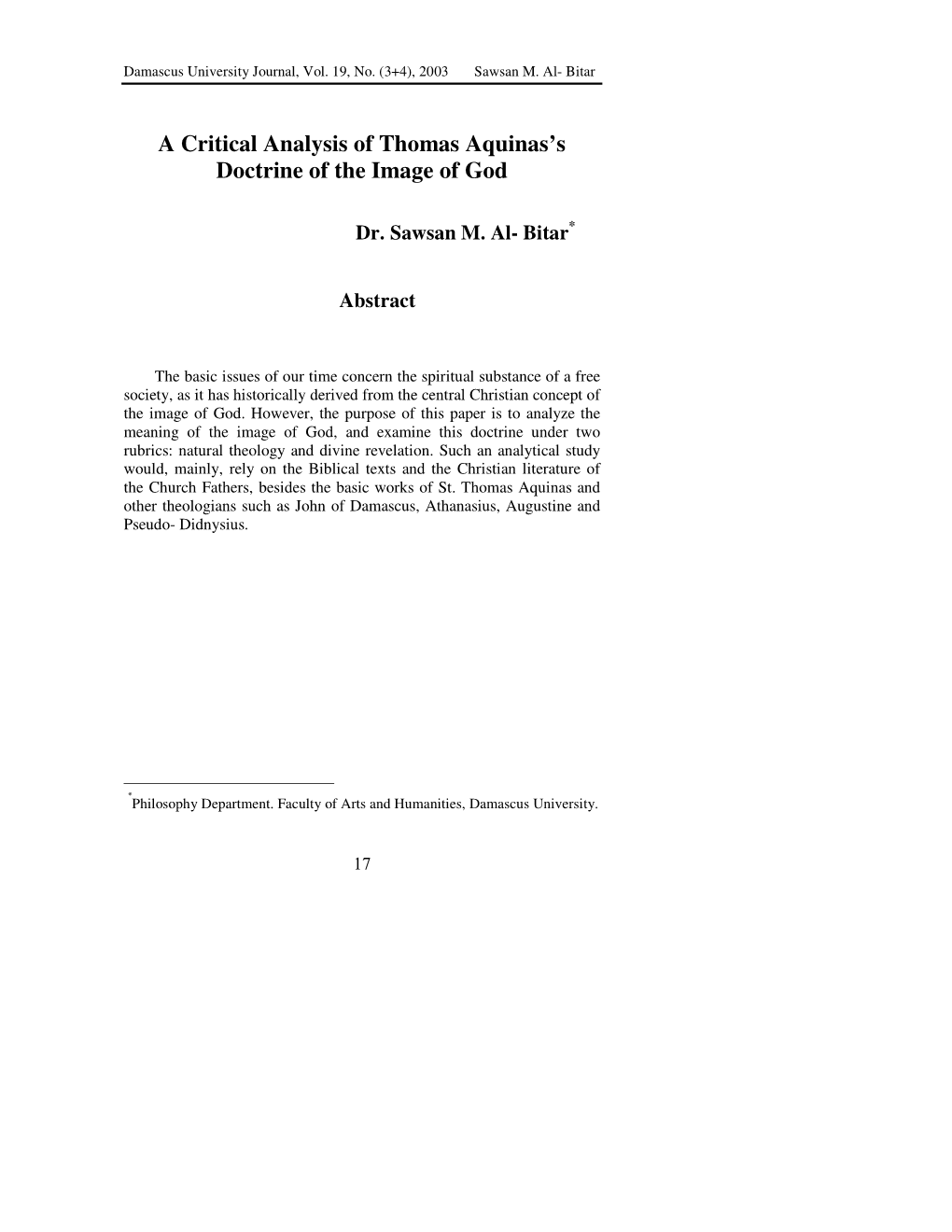 A Critical Analysis of Thomas Aquinas's Doctrine of the Image Of