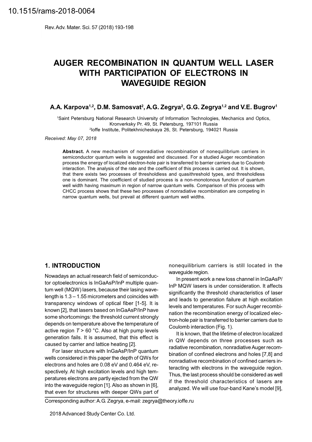 Auger Recombination in Quantum Well Laser with Participation of Electrons in Waveguide Region