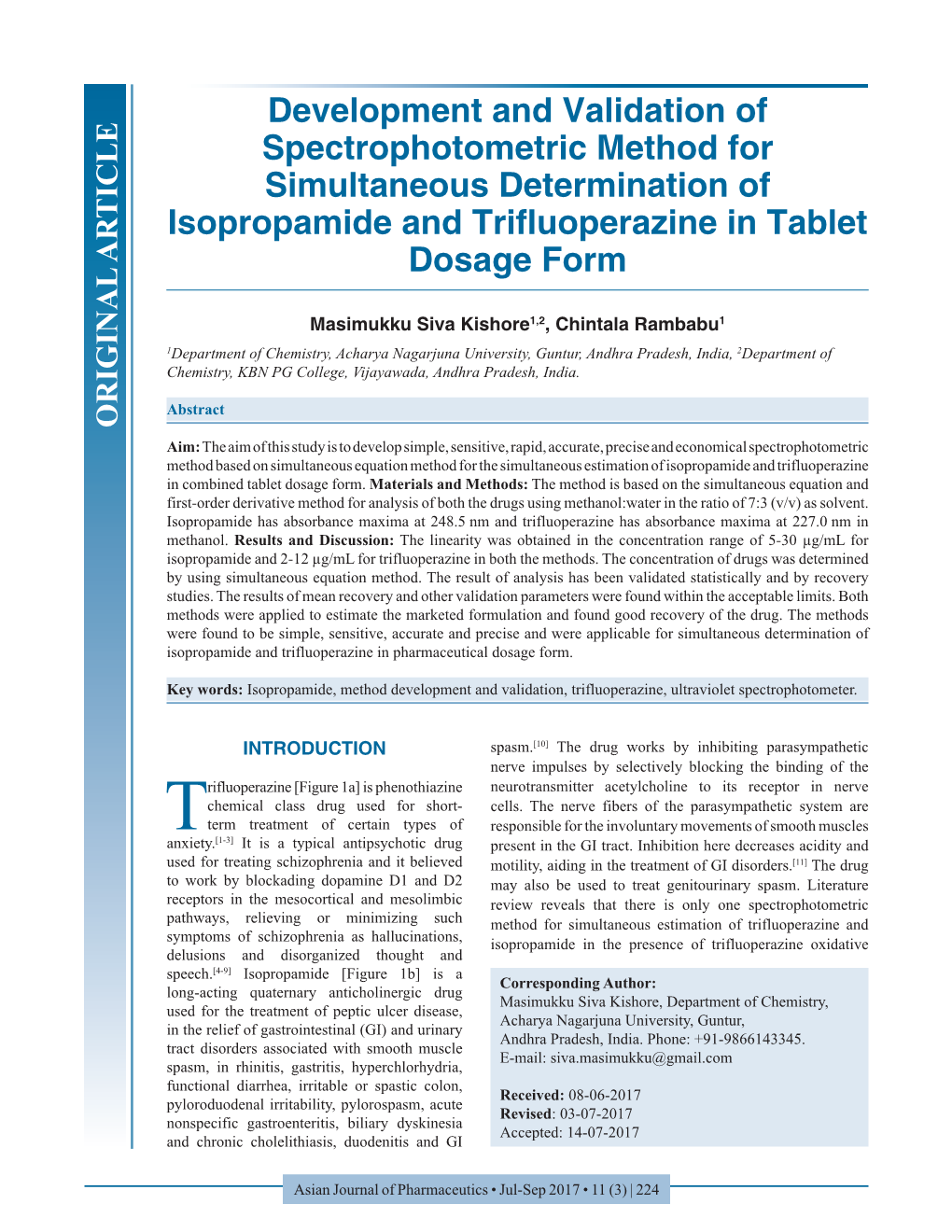 Development and Validation of Spectrophotometric Method for Simultaneous Determination of Isopropamide and Trifluoperazine in Tablet Dosage Form