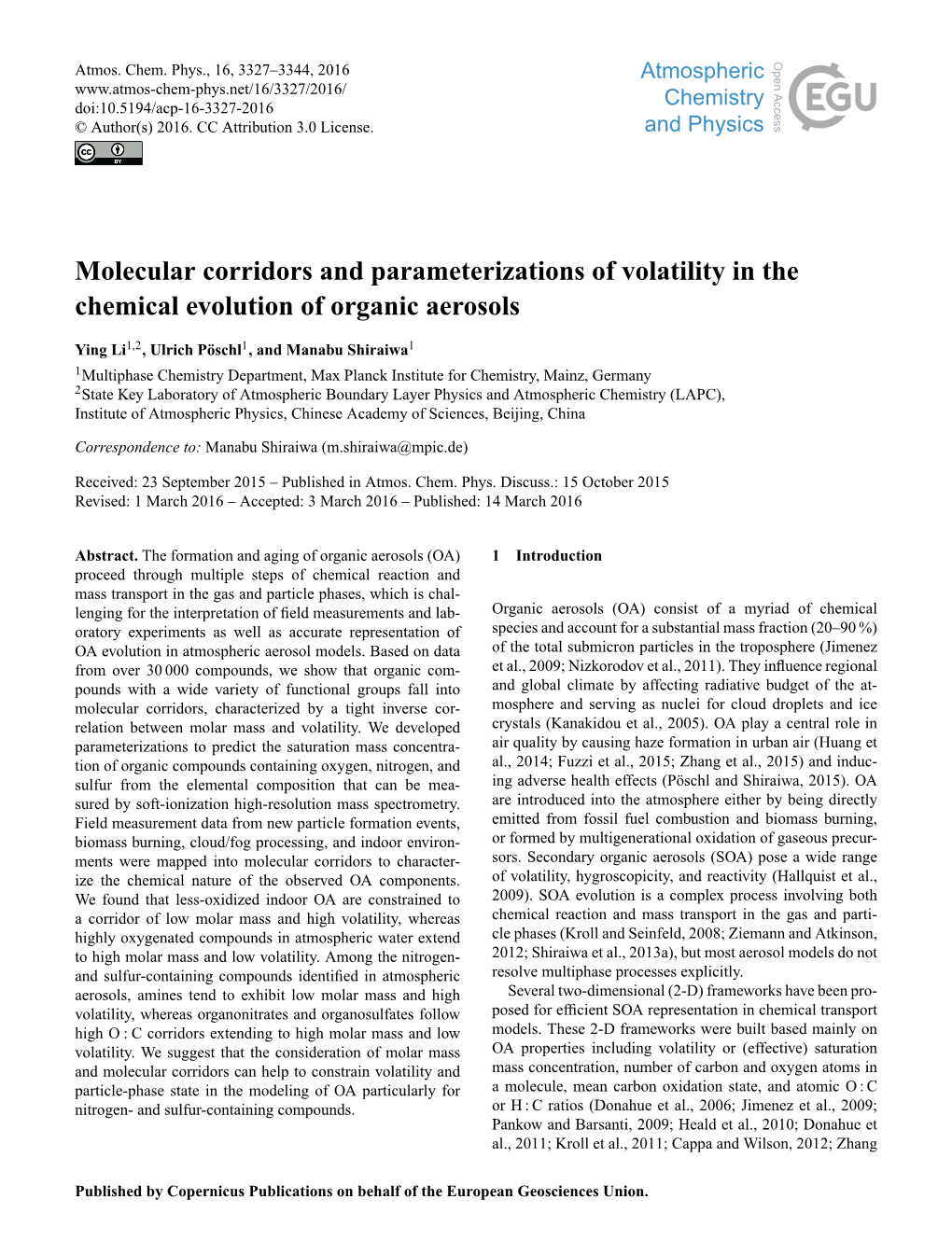 Molecular Corridors and Parameterizations of Volatility in the Chemical Evolution of Organic Aerosols