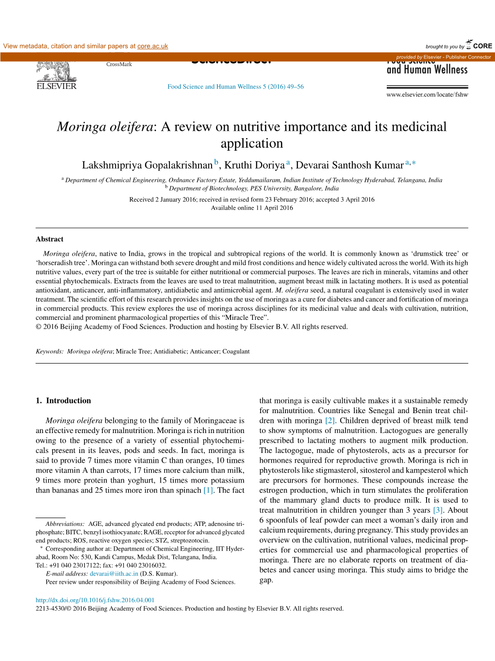 Moringa Oleifera: a Review on Nutritive Importance and Its Medicinal Application