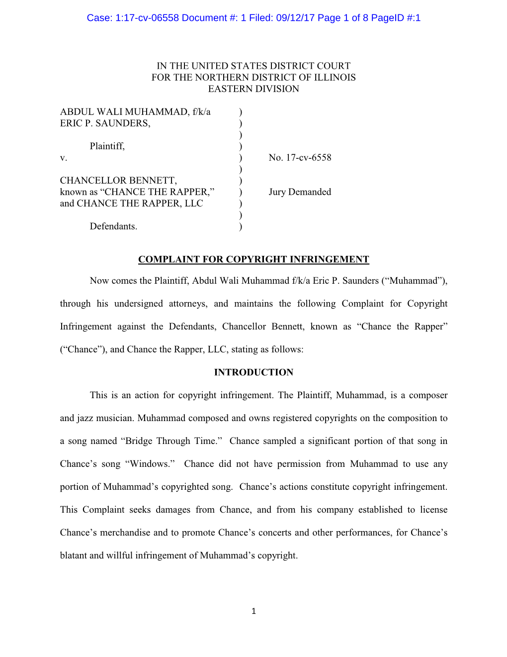 IN the UNITED STATES DISTRICT COURT for the NORTHERN DISTRICT of ILLINOIS EASTERN DIVISION ABDUL WALI MUHAMMAD, F/K/A ) ERIC P