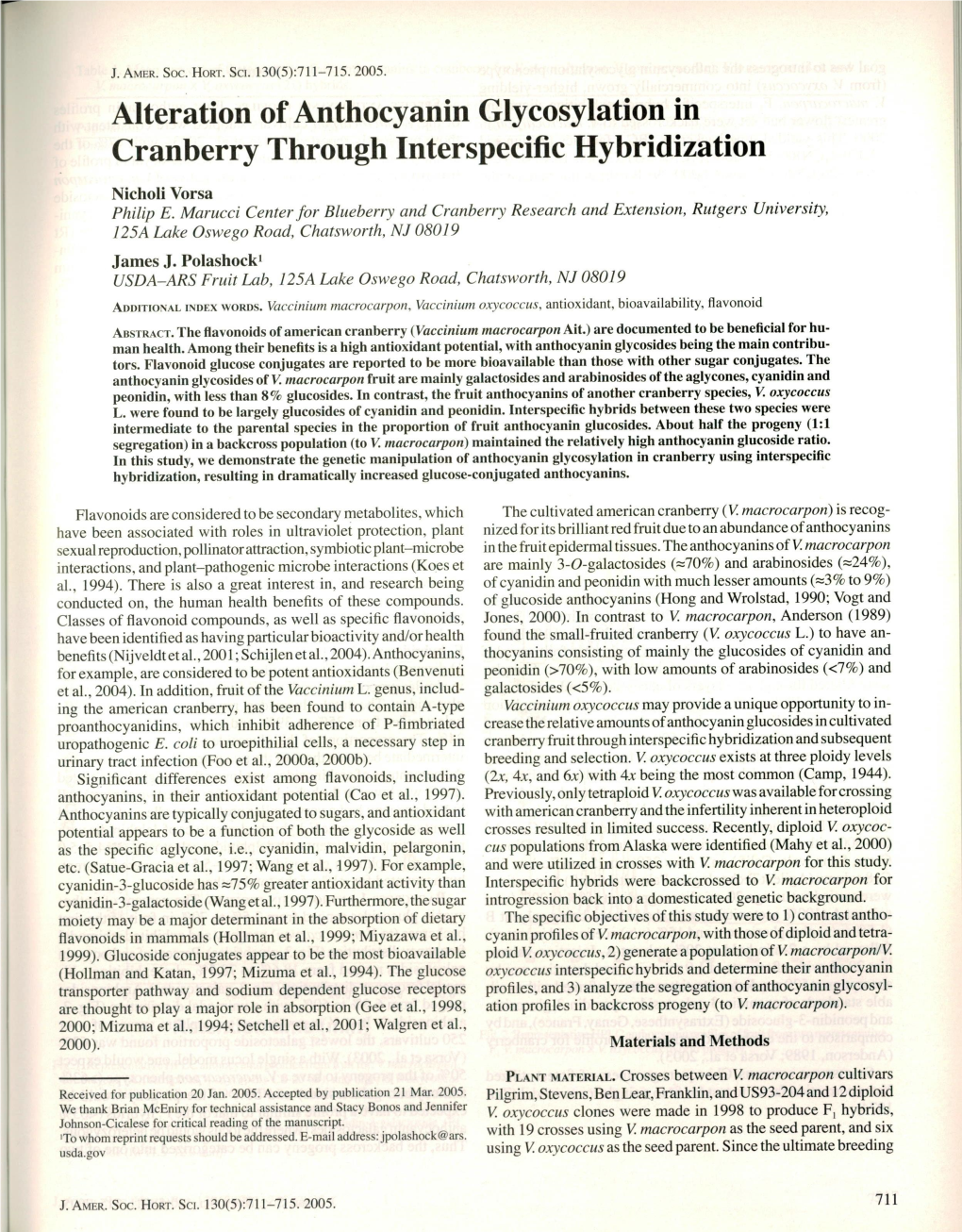 Alteration of Anthocyanin Glycosylation in Cranberry Through Interspecific Hybridization