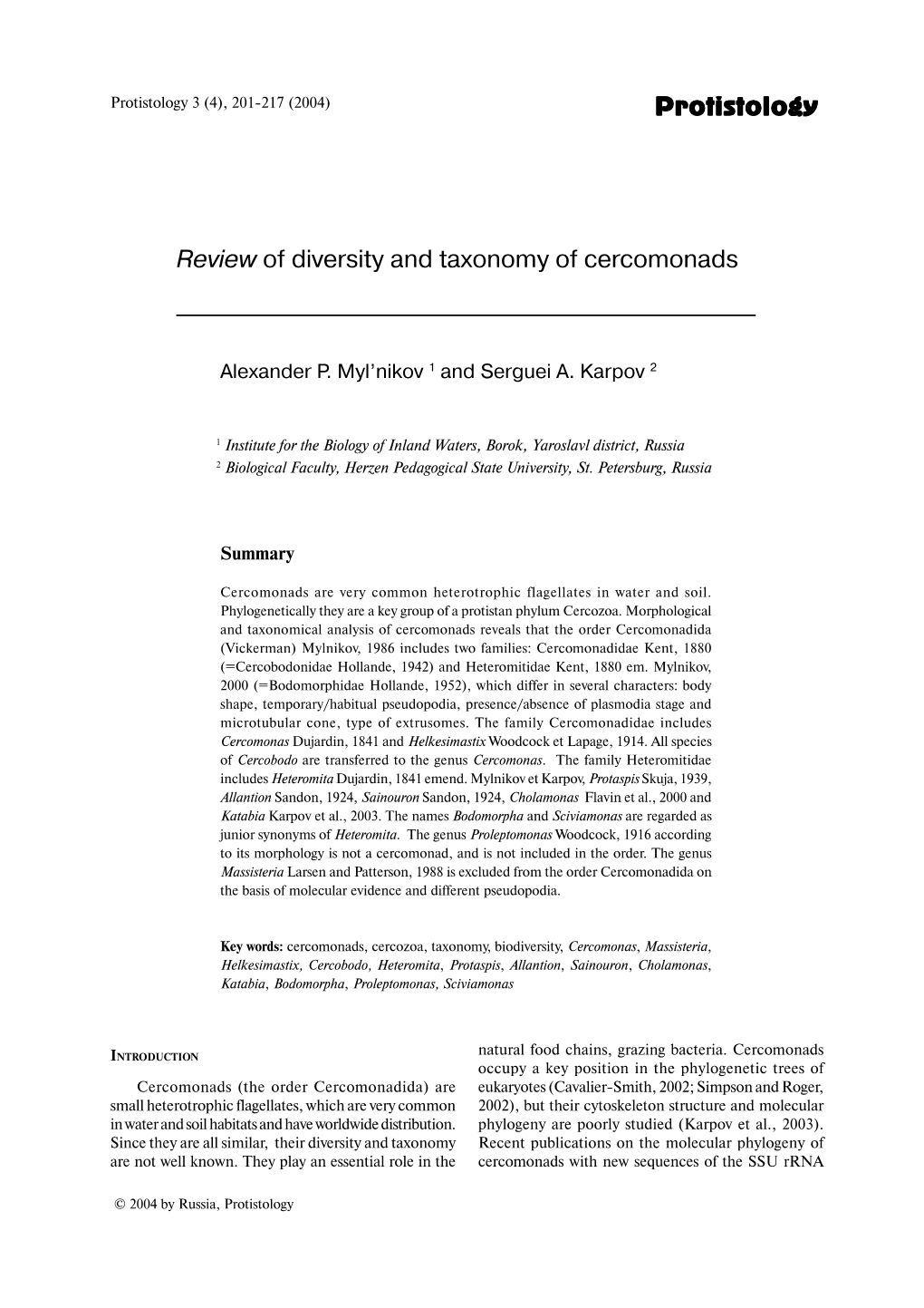 Protistology Review of Diversity and Taxonomy of Cercomonads