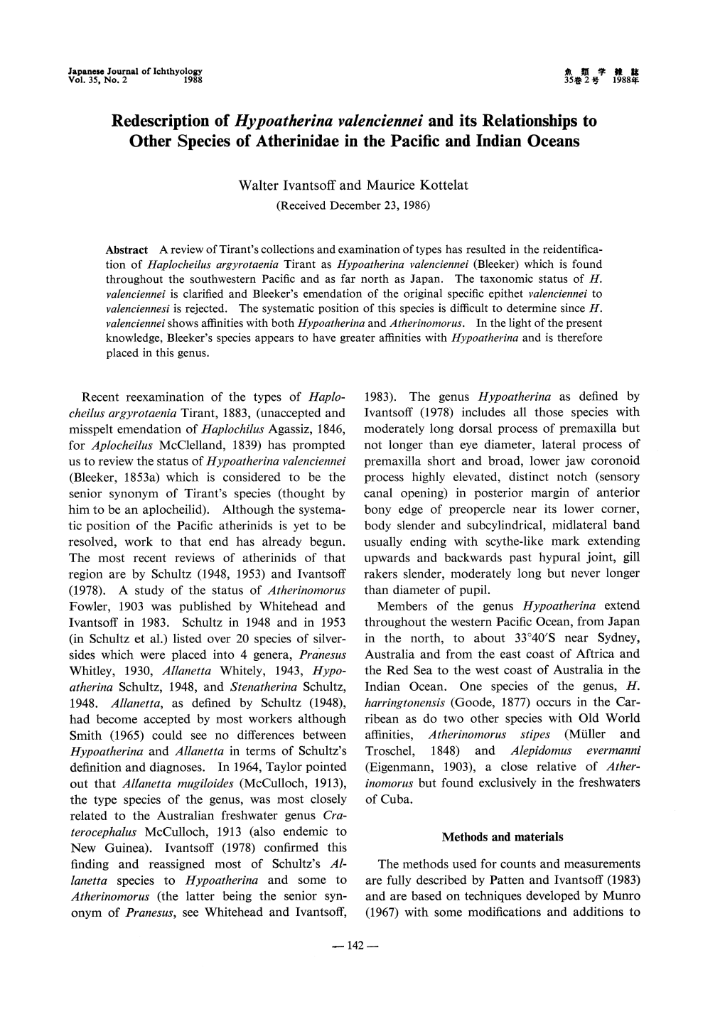 Redescription of Hypoatherina Valenciennei and Its Relationships to Other Species of Atherinidae in the Pacific and Indian Oceans