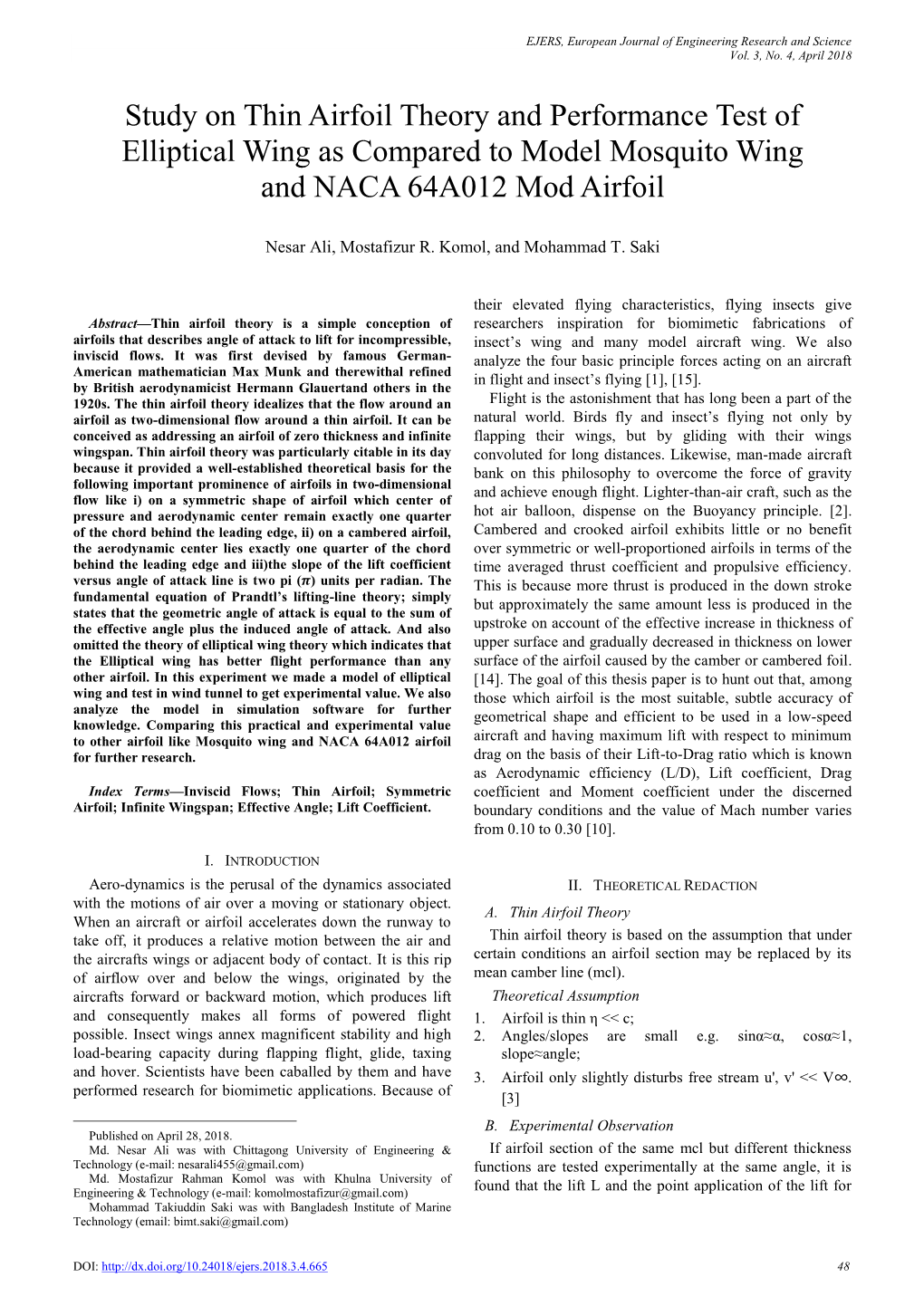 Study on Thin Airfoil Theory and Performance Test of Elliptical Wing As Compared to Model Mosquito Wing and NACA 64A012 Mod Airfoil