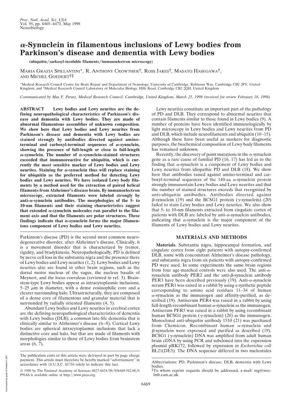 Synuclein in Filamentous Inclusions of Lewy Bodies From