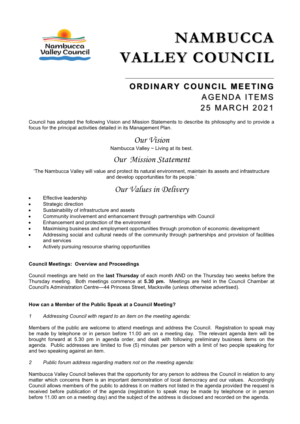 Ordinary Council Meeting Agenda Items 25 March 2021