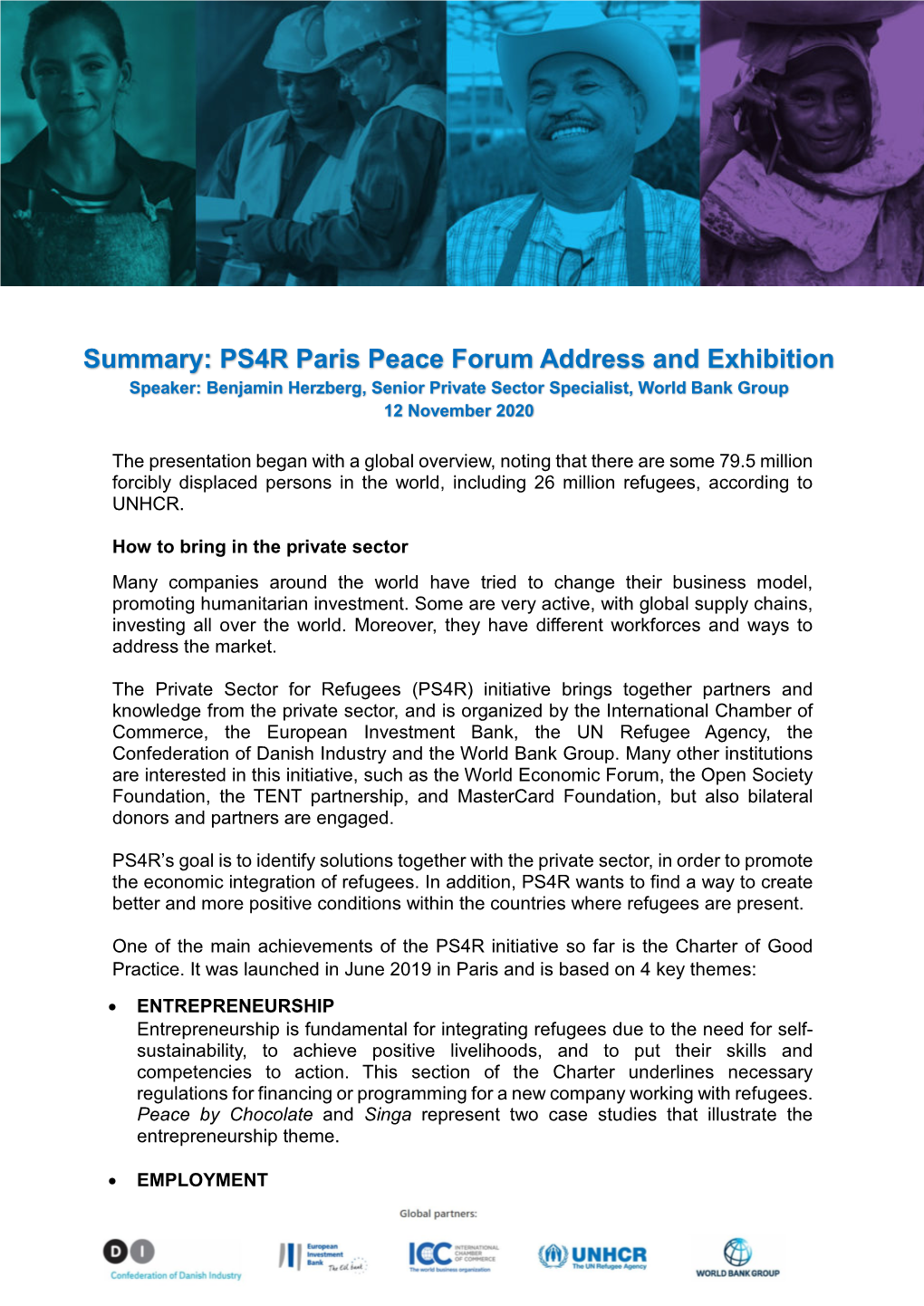 PS4R Paris Peace Forum Address and Exhibition Speaker: Benjamin Herzberg, Senior Private Sector Specialist, World Bank Group 12 November 2020