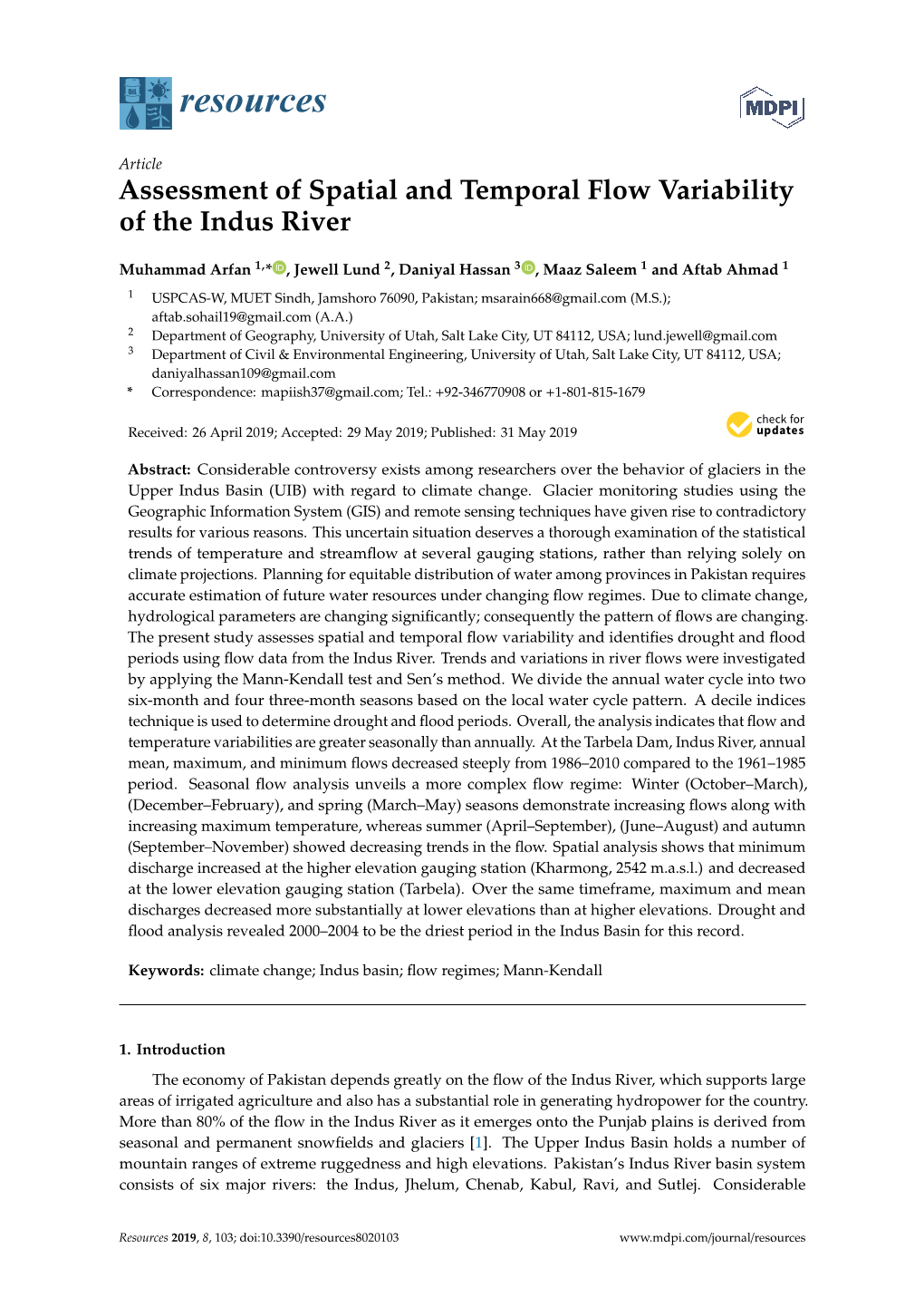 Assessment of Spatial and Temporal Flow Variability of the Indus River