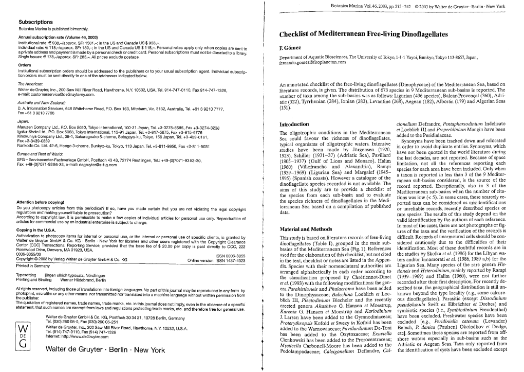 Checklist of Mediterranean Free-Living Dinoflagellates Institutional Rate: € 938,-/Approx