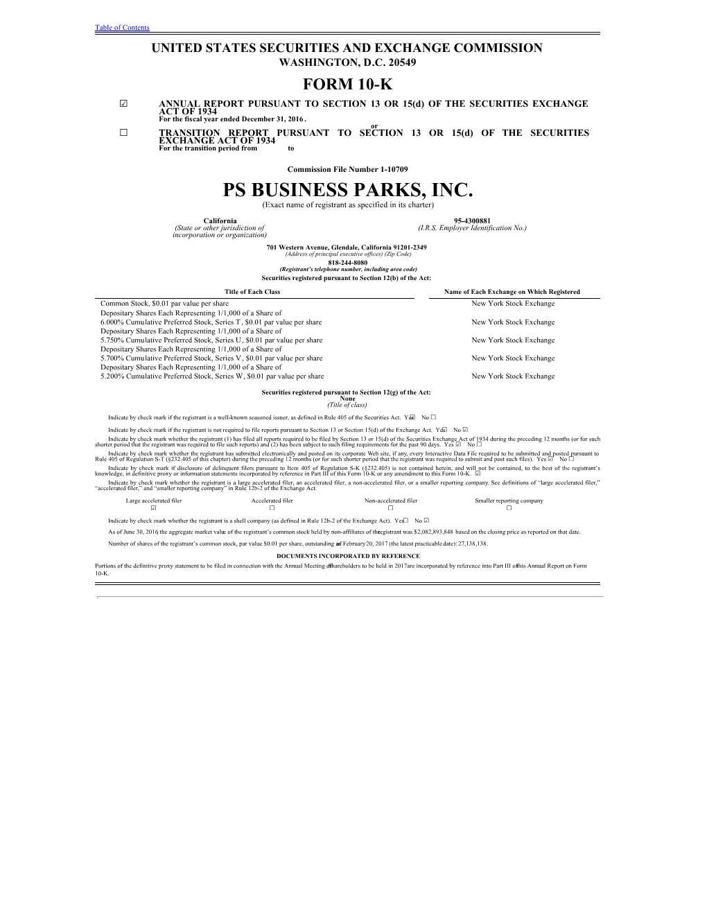 PS BUSINESS PARKS, INC. (Exact Name of Registrant As Specified in Its Charter) ​ California 95-4300881 (State Or Other Jurisdiction of (I.R.S