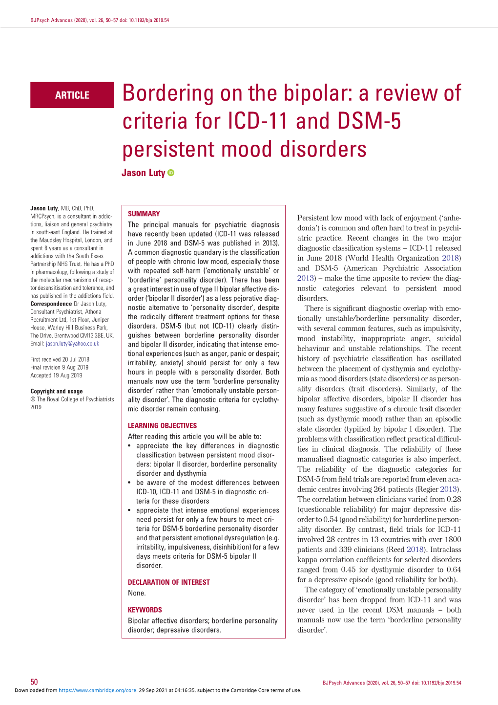 Bordering on the Bipolar: a Review of Criteria for ICD-11 and DSM-5 Persistent Mood Disorders Jason Luty