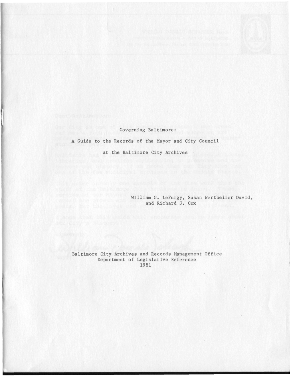 A Guide to the Records of the Mayor and City Council at the Baltimore City Archives