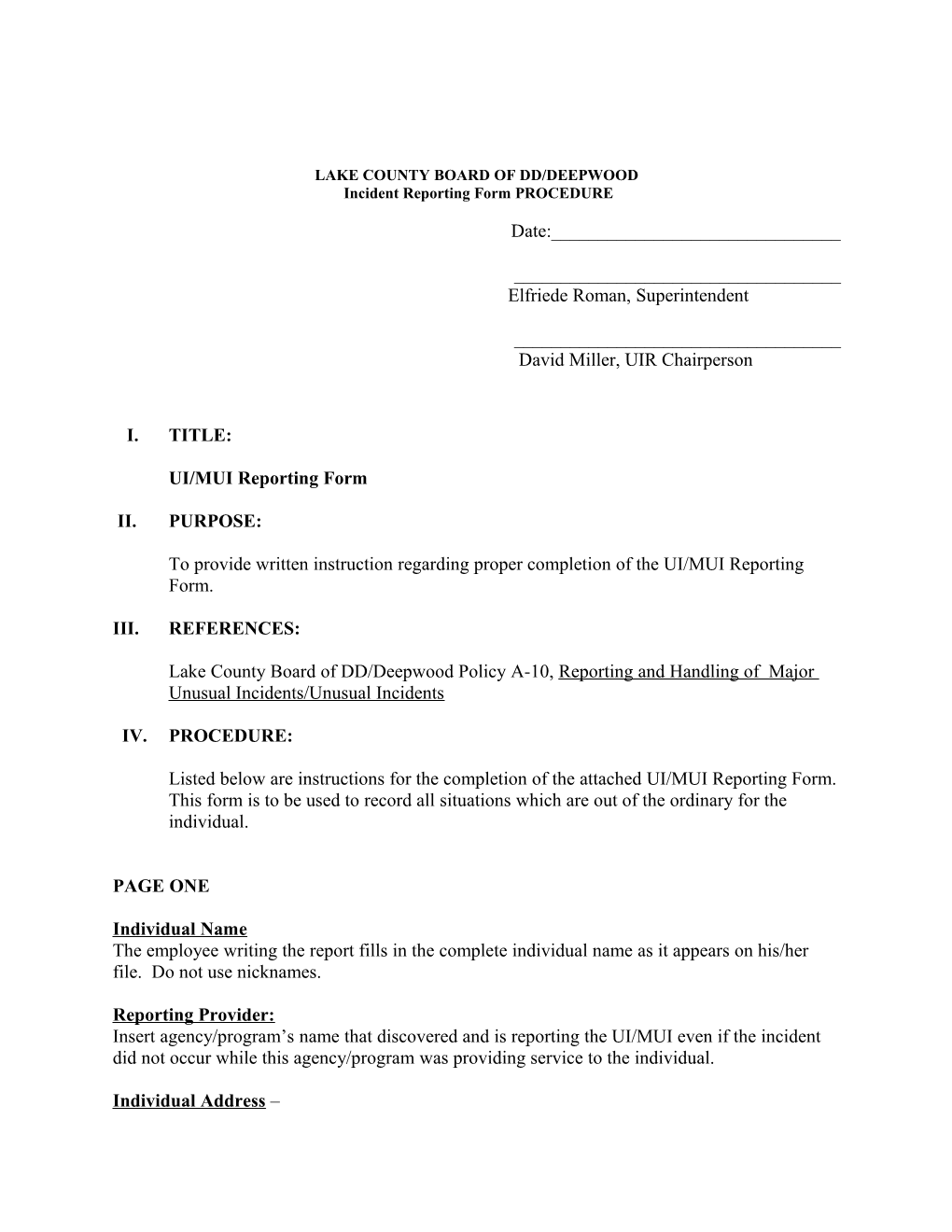 Lake County Board of Mental Retardation/Developmental Disabilities Agency Procedure