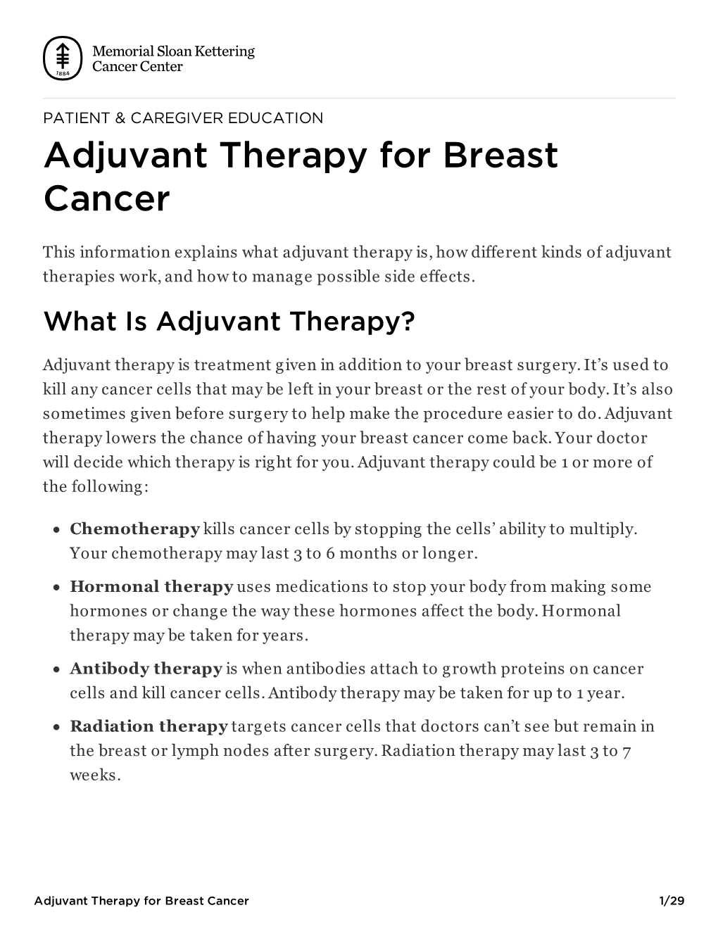 Adjuvant Therapy for Breast Cancer