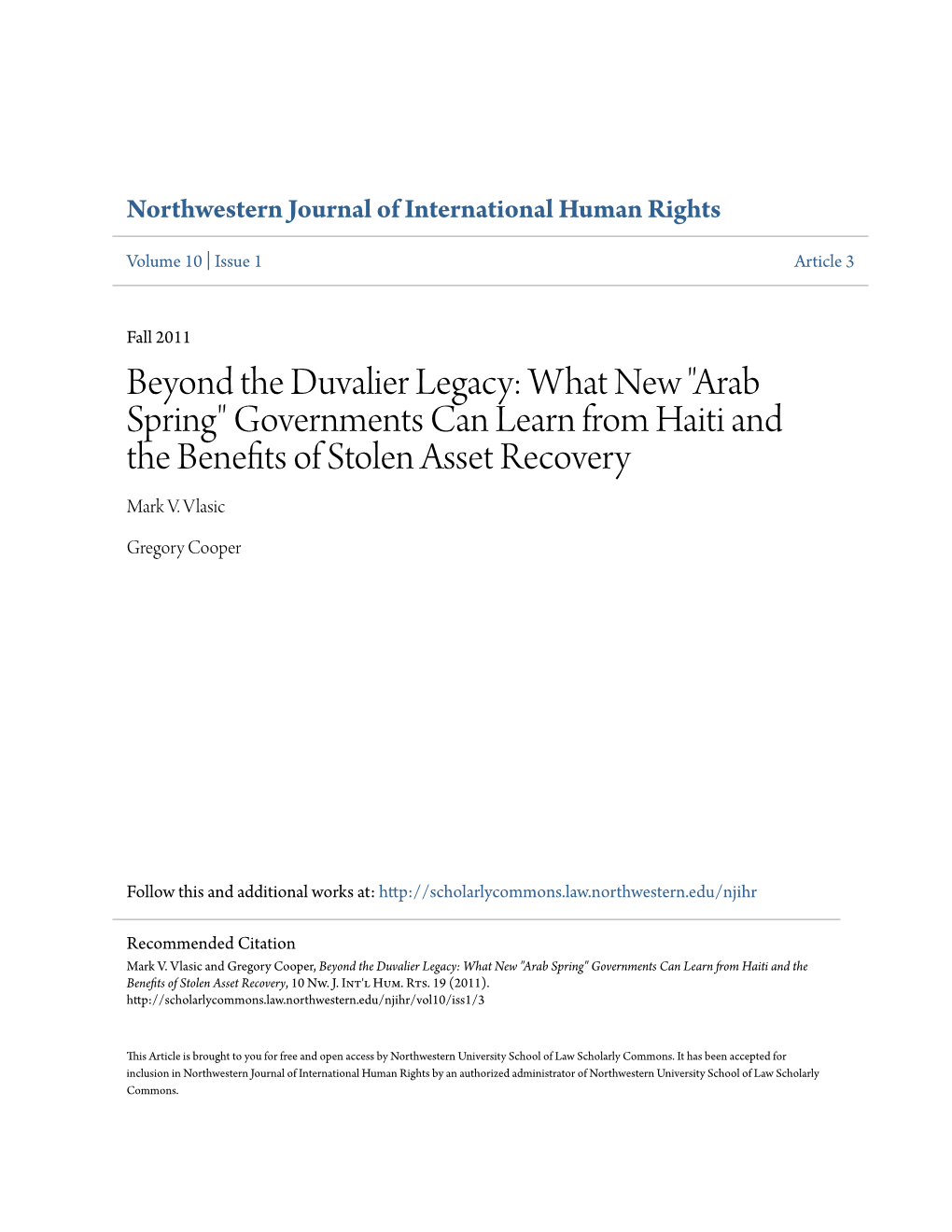 Beyond the Duvalier Legacy: What New "Arab Spring" Governments Can Learn from Haiti and the Benefits of Stolen Asset Recovery Mark V