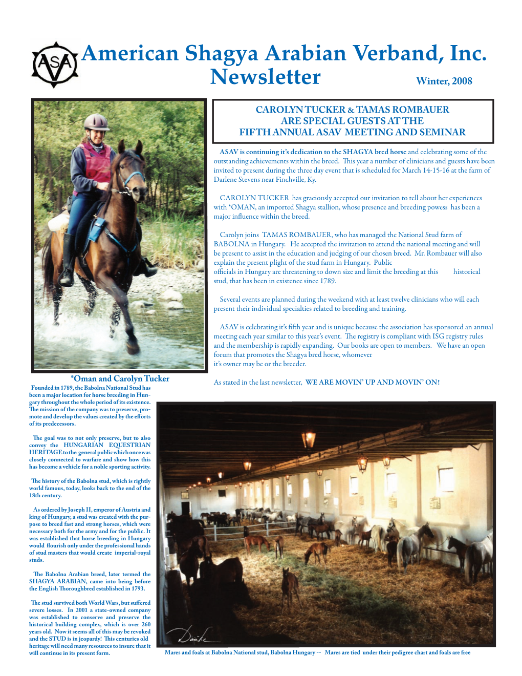 American Shagya Arabian Verband, Inc. Newsletter Winter, 2008