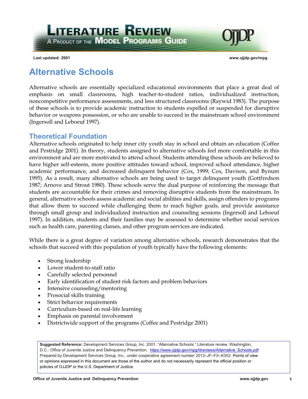 Alternative Schools Literature Review