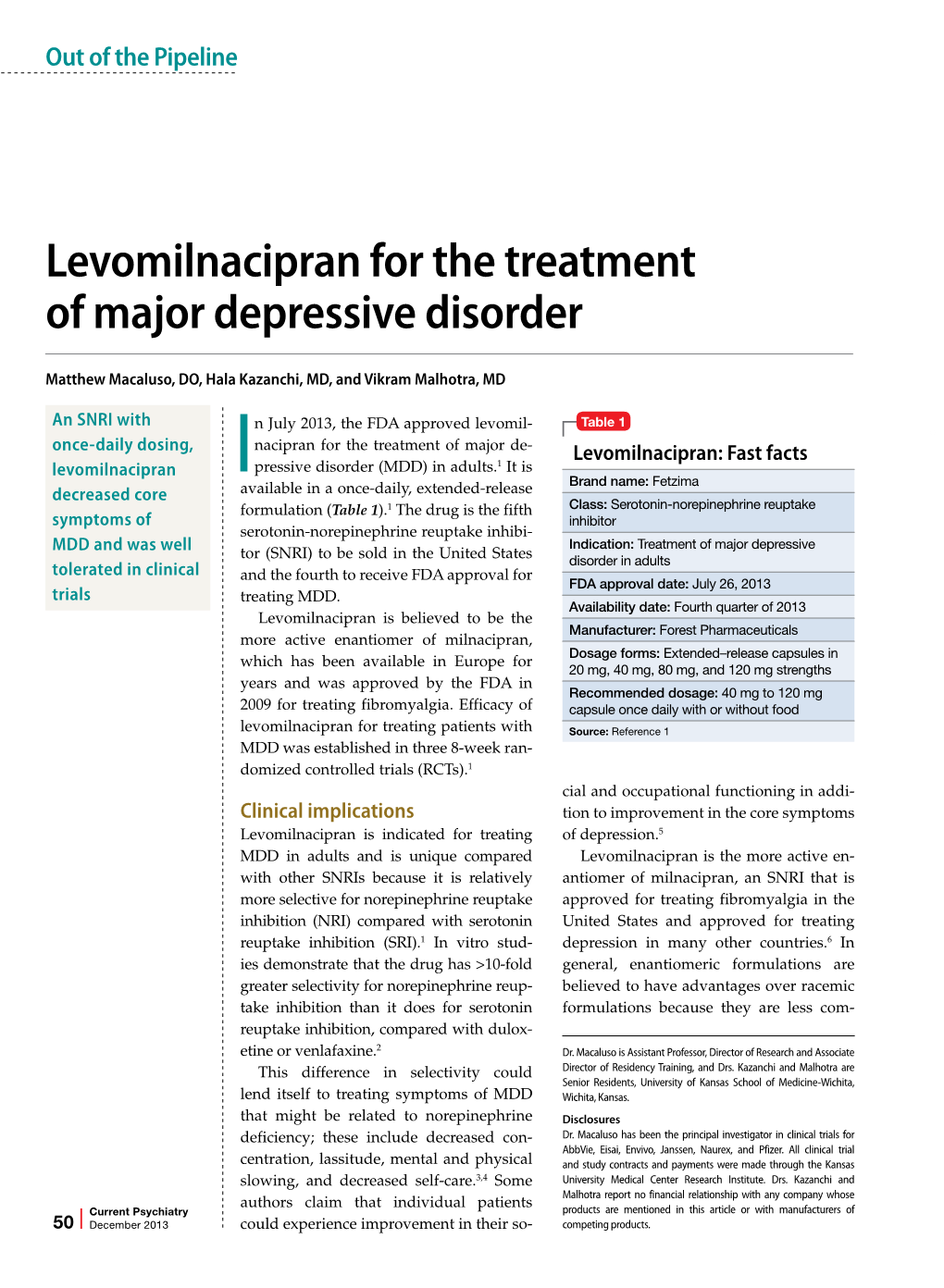 Levomilnacipran for the Treatment of Major Depressive Disorder