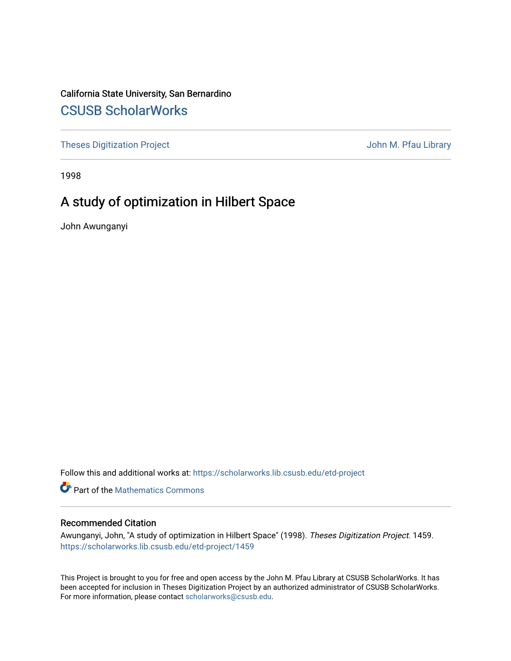 A Study of Optimization in Hilbert Space