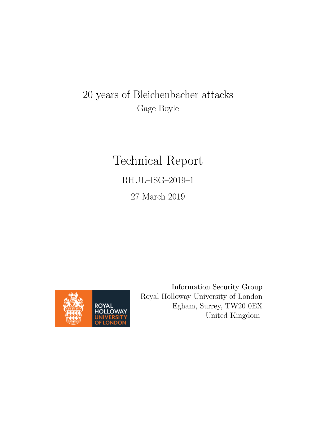 Technical Report RHUL–ISG–2019–1 27 March 2019