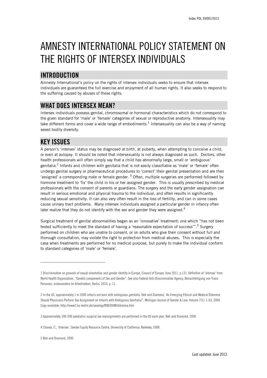 Amnesty International's Policy Statement on the Rights of Intersex