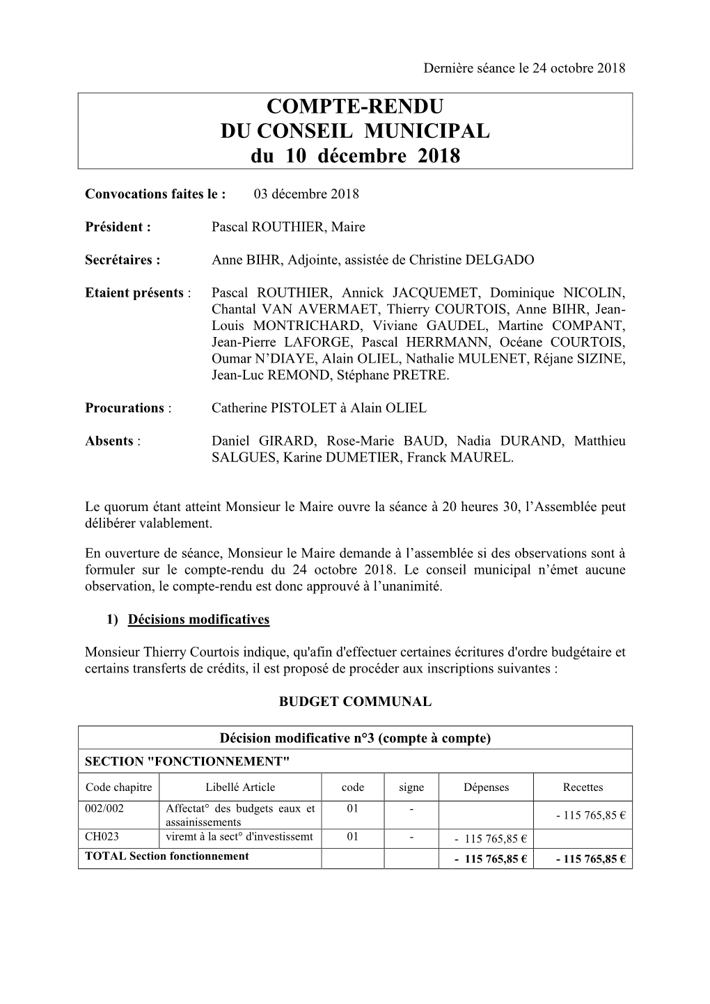 COMPTE-RENDU DU CONSEIL MUNICIPAL Du 10 Décembre 2018