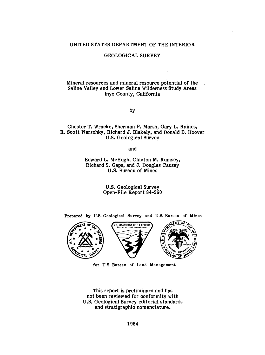 Mineral Resources and Mineral Resource Potential of the Saline Valley and Lower Saline Wilderness Study Areas Inyo County, California