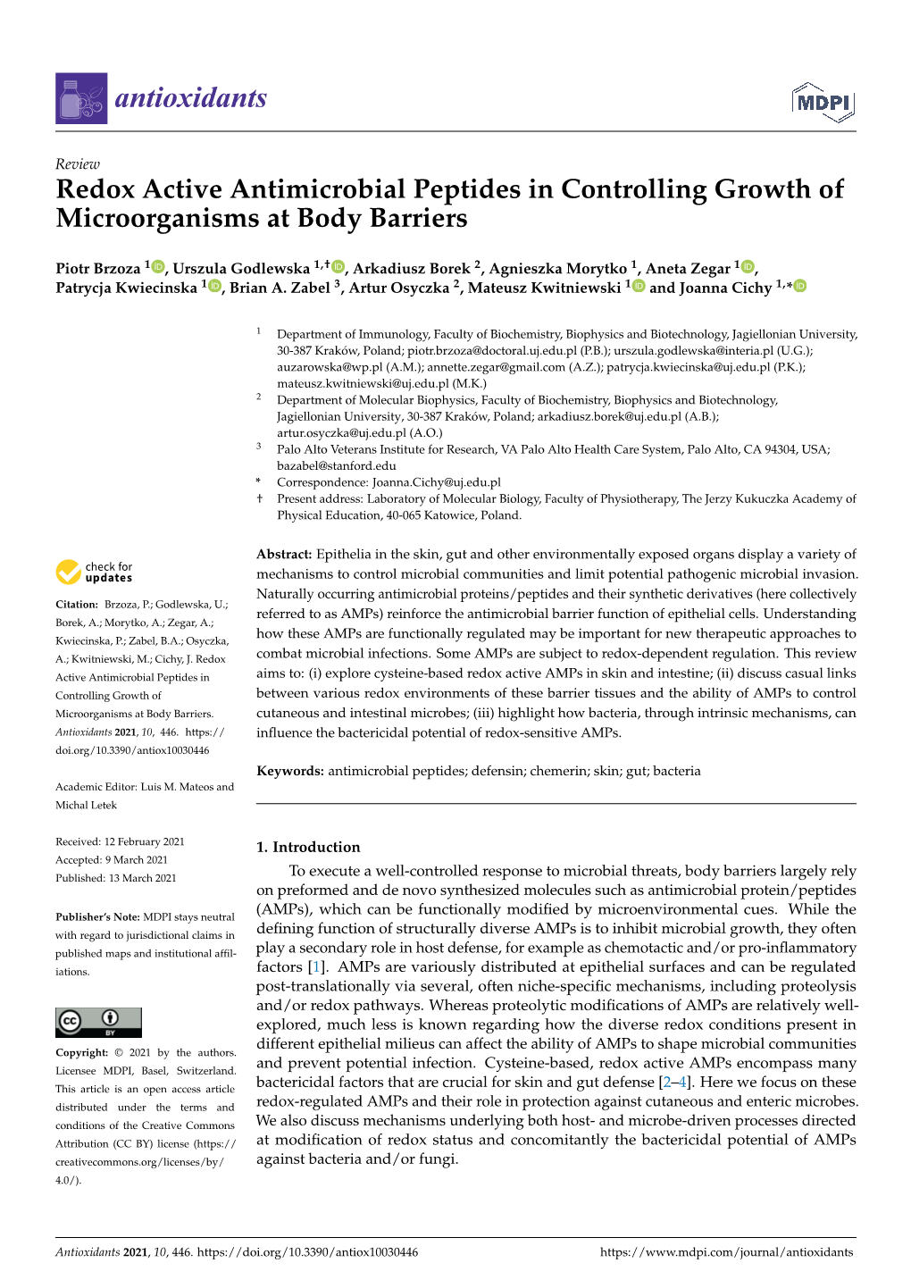 Redox Active Antimicrobial Peptides in Controlling Growth of Microorganisms at Body Barriers