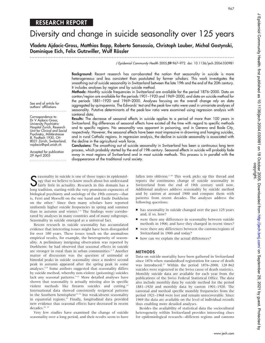 Diversity and Change in Suicide Seasonality Over 125 Years