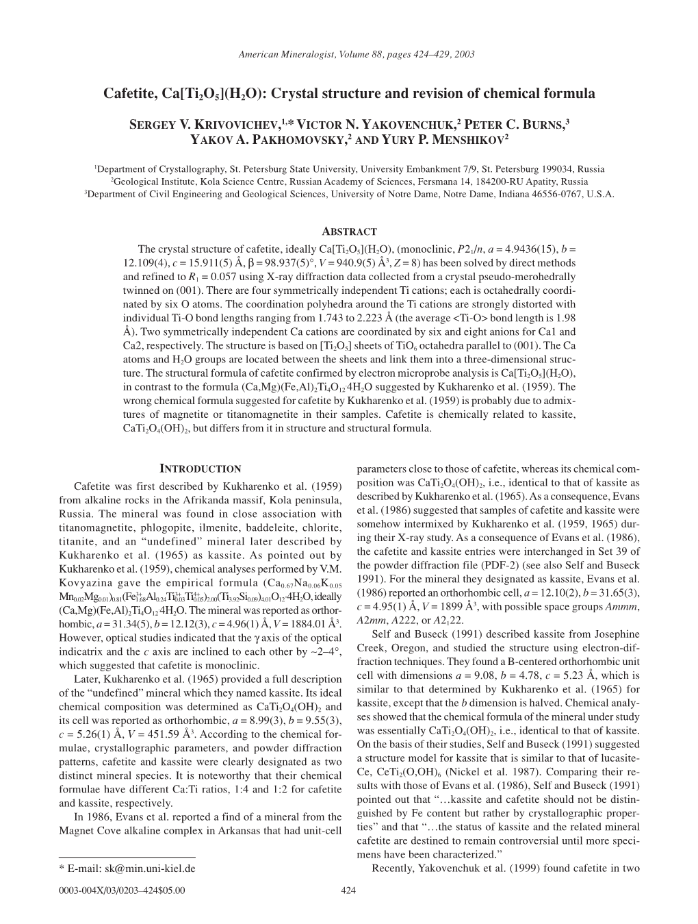 Cafetite, Ca[Ti2o5](H2O): Crystal Structure and Revision of Chemical Formula