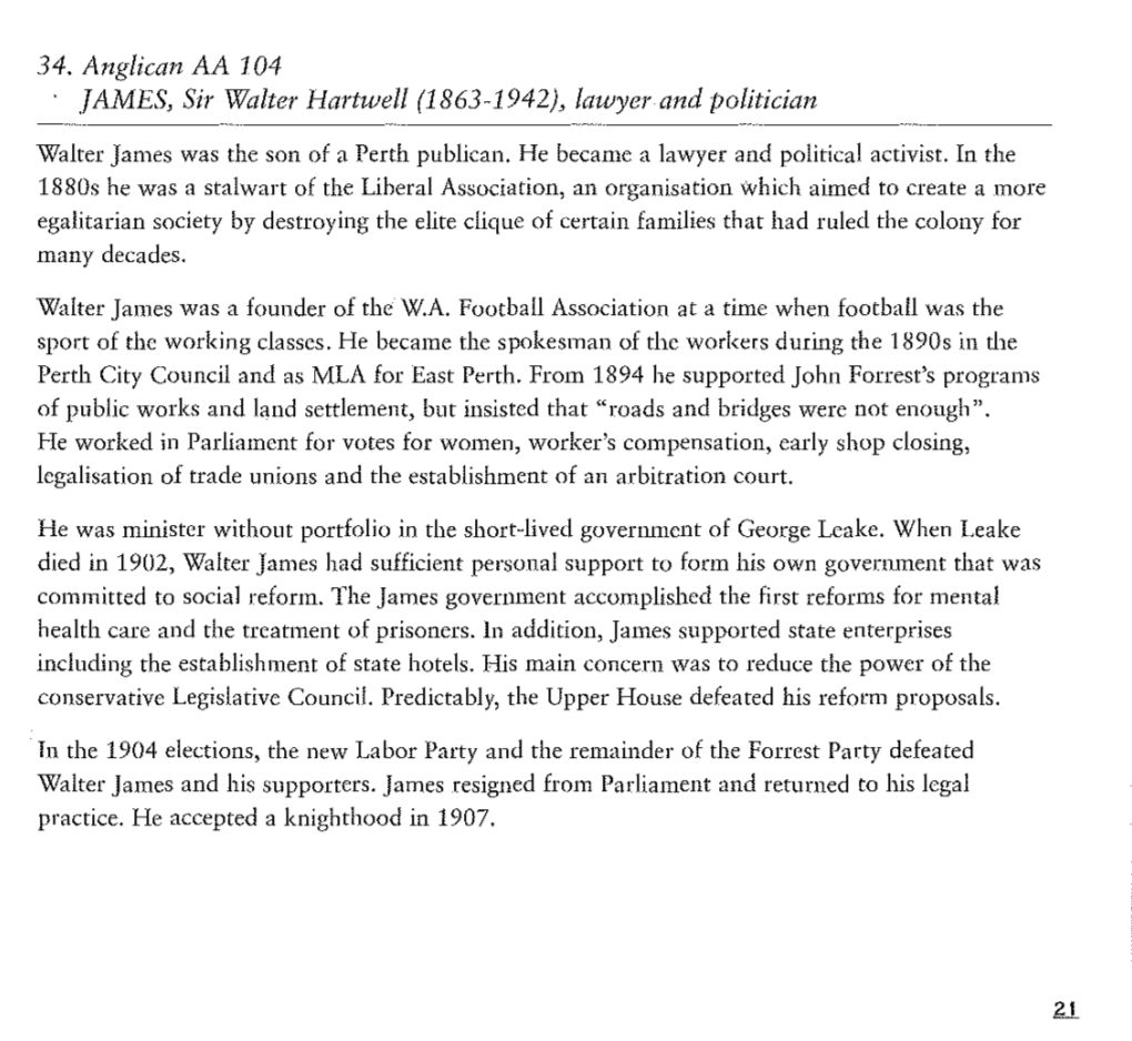 34. Anglican AA 104 .TAMES, Sir Waiter Hartwell (1863-1942), Lawyer and Politician ---- Walter James Was the Son of a Perth Publican