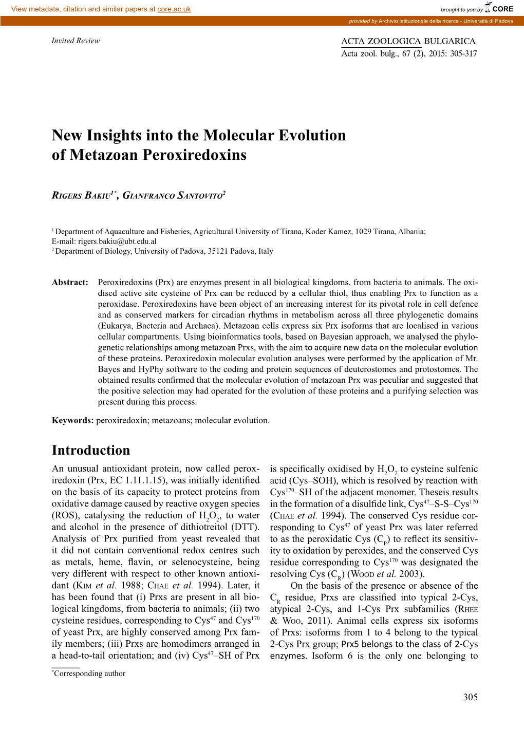 New Insights Into the Molecular Evolution of Metazoan Peroxiredoxins