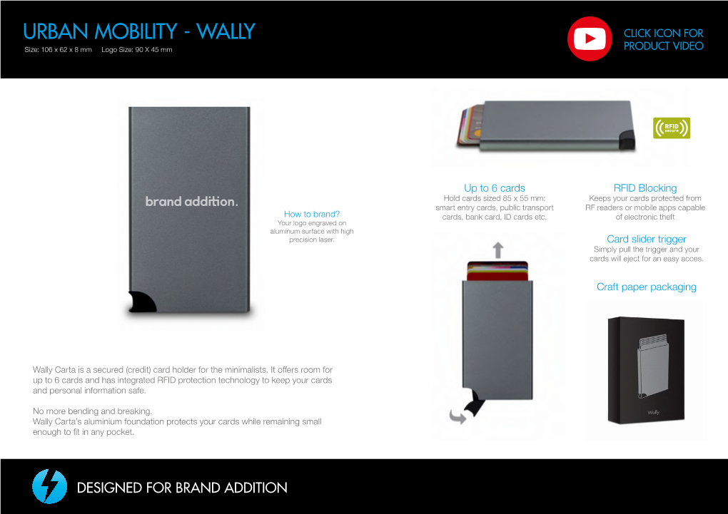 URBAN MOBILITY - WALLY CLICK ICON for Size: 106 X 62 X 8 Mm Logo Size: 90 X 45 Mm PRODUCT VIDEO
