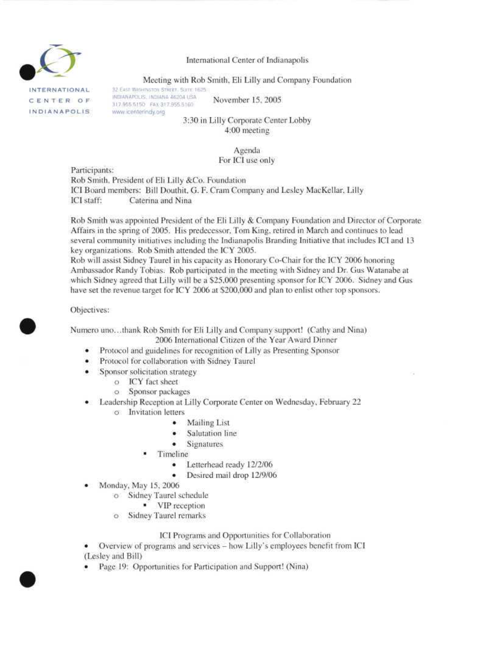 International Center of Indianapolis Meeting with Rob Smith, Eli Lilly and Company Foundation INTERNATIONAL 32 EAST WASHINGTON STREET