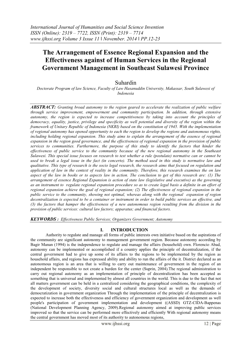 The Arrangement of Essence Regional Expansion and the Effectiveness Against of Human Services in the Regional Government Management in Southeast Sulawesi Province