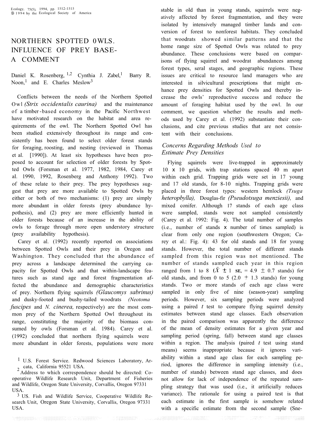 Northern Spotted Owls: Influence of Prey Base