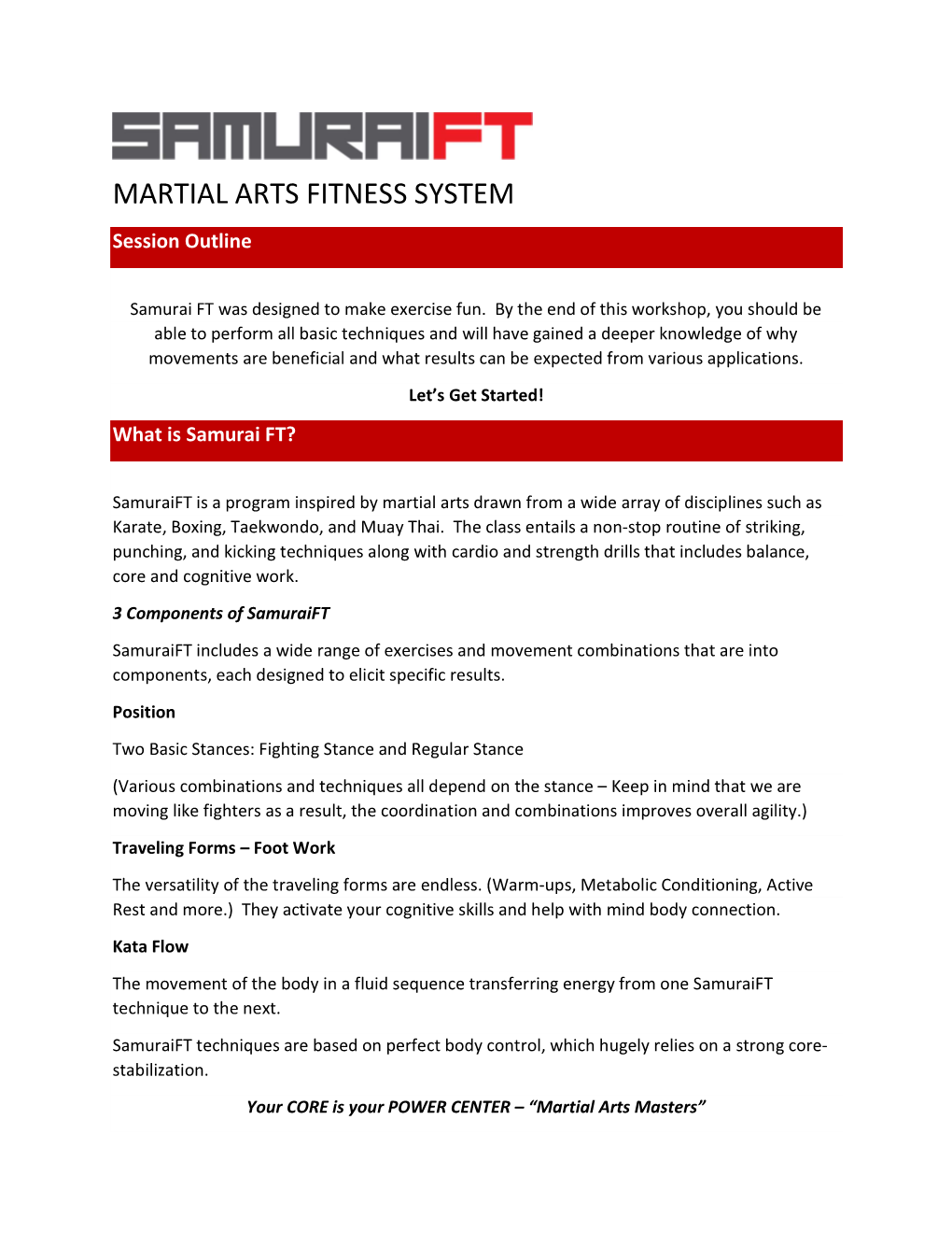 MARTIAL ARTS FITNESS SYSTEM Session Outline